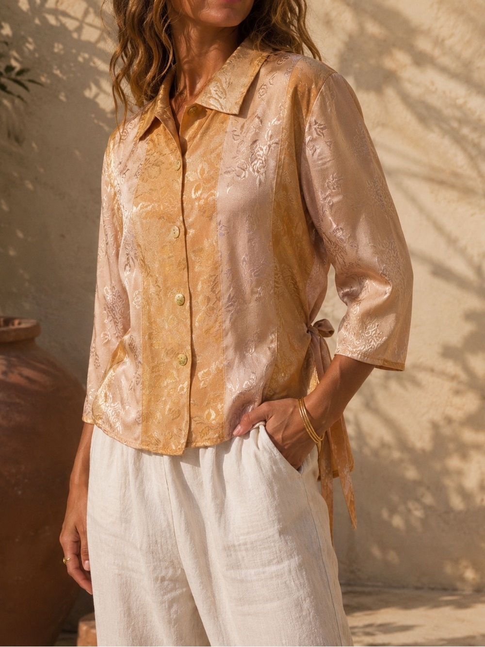 Vintage Citron Santa Monica Jacquard Tie-Back Blouse | Medium